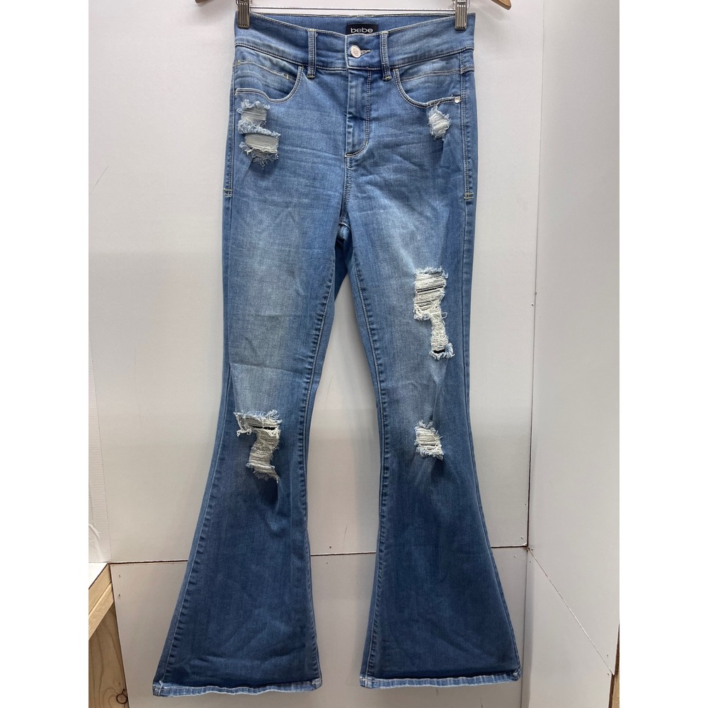 Bebe Womens Distressed Flare Jeans Medium Wash Ripped Bell Bottoms Size 28